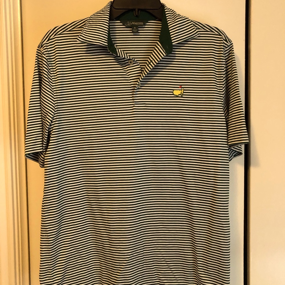 Small Men’s green/white striped Masters Collection Polo.